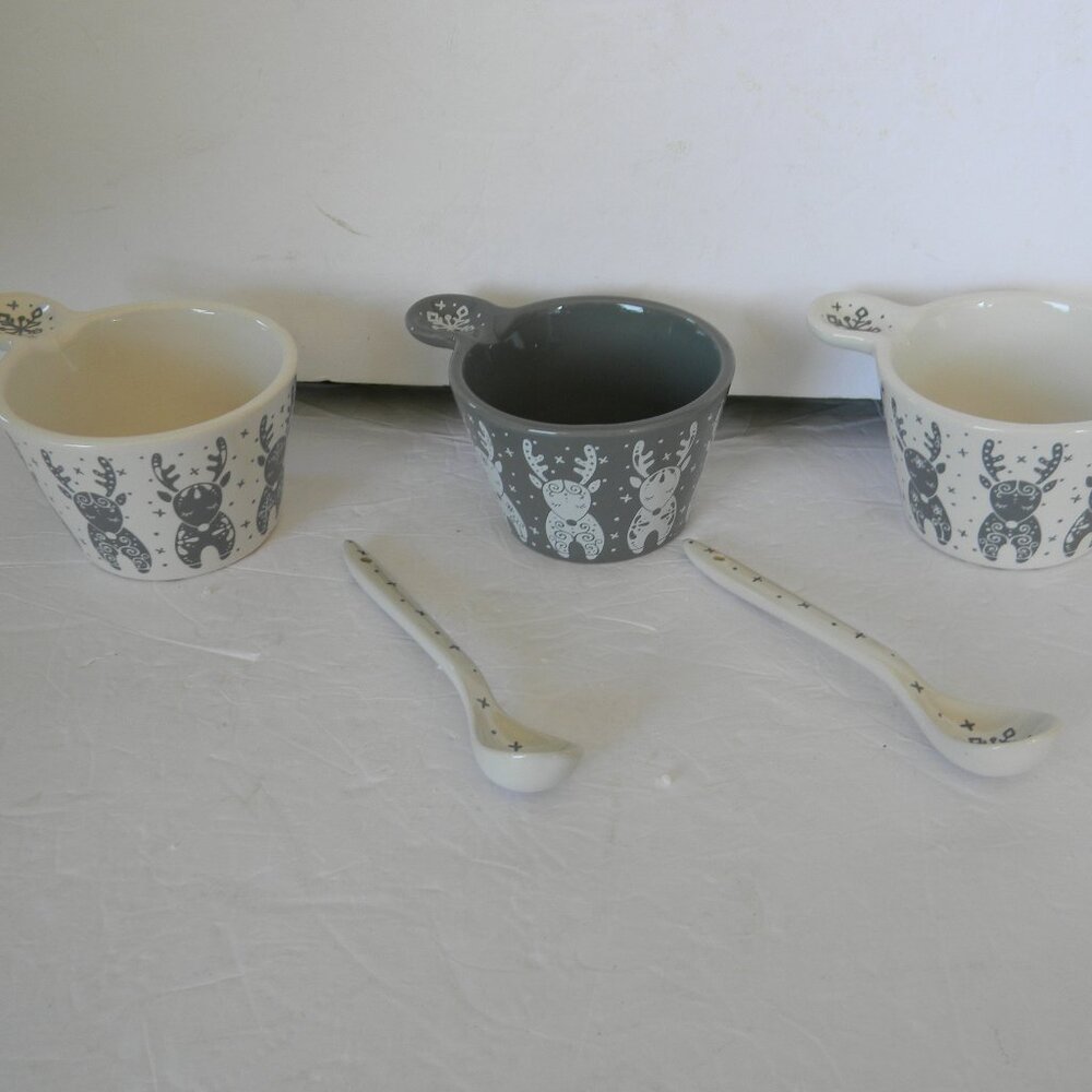 Temp-tations Holiday Set of 3 Petite Serving Bowls w/ 2 Spoons GREY REINDEER
